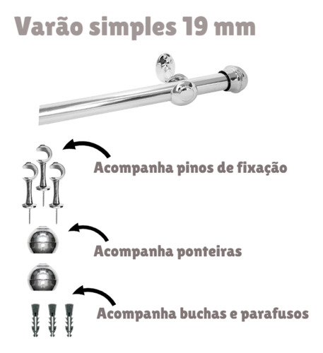 Kit Bastão Varal Com Suporte Cortineiro Sala 19 Mm 2,80 M