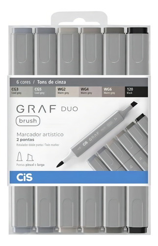 Kit Marcador Artistico Graf Duo Brush 6 Cores - Cis Cor Tons de Cinza