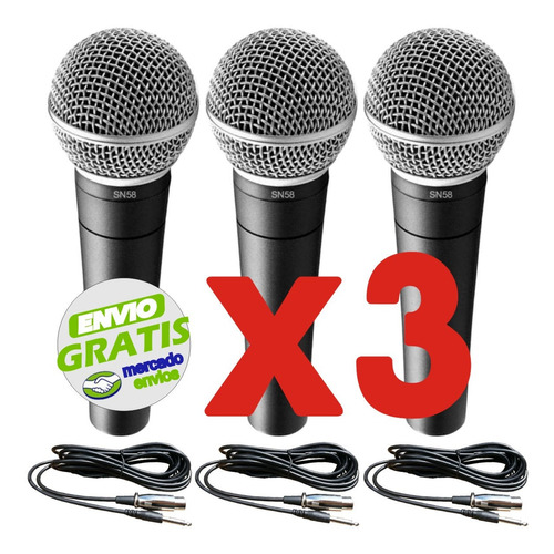 Kit 3 Microfonos Parquer Sn58b Profesional Funda Cable Cuo