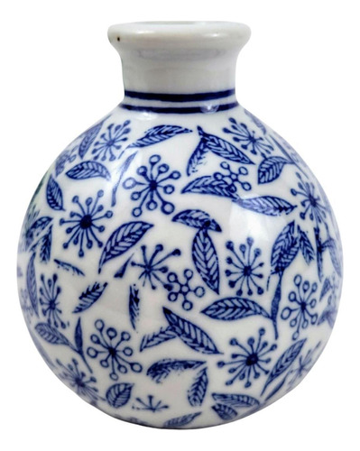 Vaso Azul E Branco 10x10cm Floral Porcelana Mini Ball