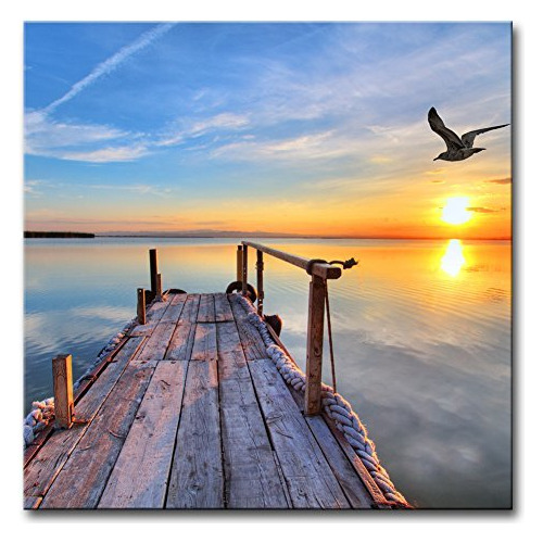 Arte De Pared Del Lago Al Atardecer, Pájaros Volando S...