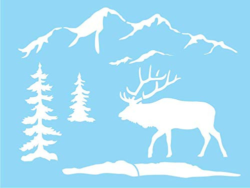 0 X 12.0 In Stencil Elk Snowy Mountain Pine Tree Rustico Diy