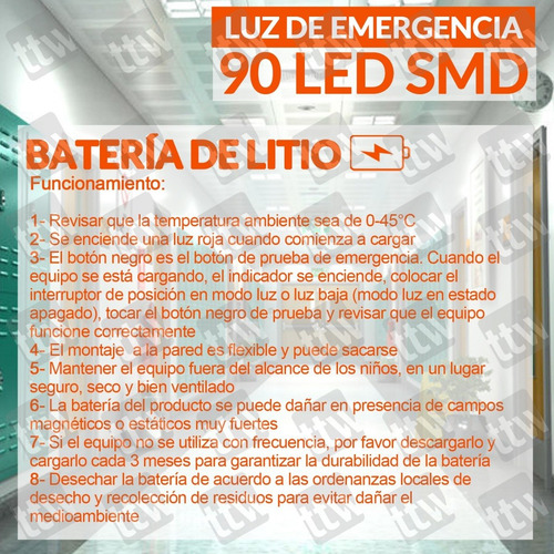 Imagen 11 de 11 de Luces Luz De Emergencia 90 Leds Recargable Cable 220v Etheos