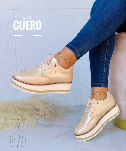 Zapatos Deportivos 100% Cuero Con Plataforma Para Damas