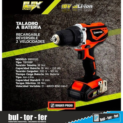 Imagen 3 de 10 de Taladro Atornillador 13mm Dowen Pagio Flex One 18v Maletín