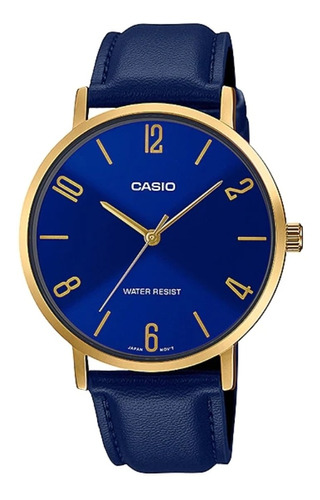 Reloj pulsera Casio Dress MTP-VT01 de cuerpo color dorado, analógico, para hombre, fondo azul, con correa de cuero color azul, agujas color dorado, dial dorado, bisel color dorado y hebilla simple