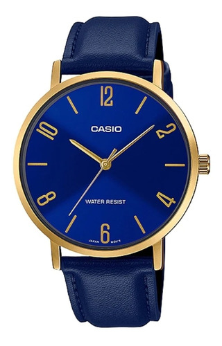 Reloj Casio Mtp-vt01gl-2b2udf Hombre 100% Original Correa Azul Bisel Dorado Fondo Azul