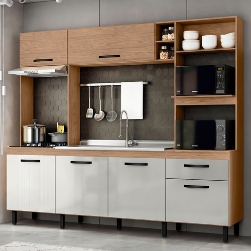 Cozinha Compacta Zoe 6 Portas 1 Gaveta Freijó/off White - Cor Bege