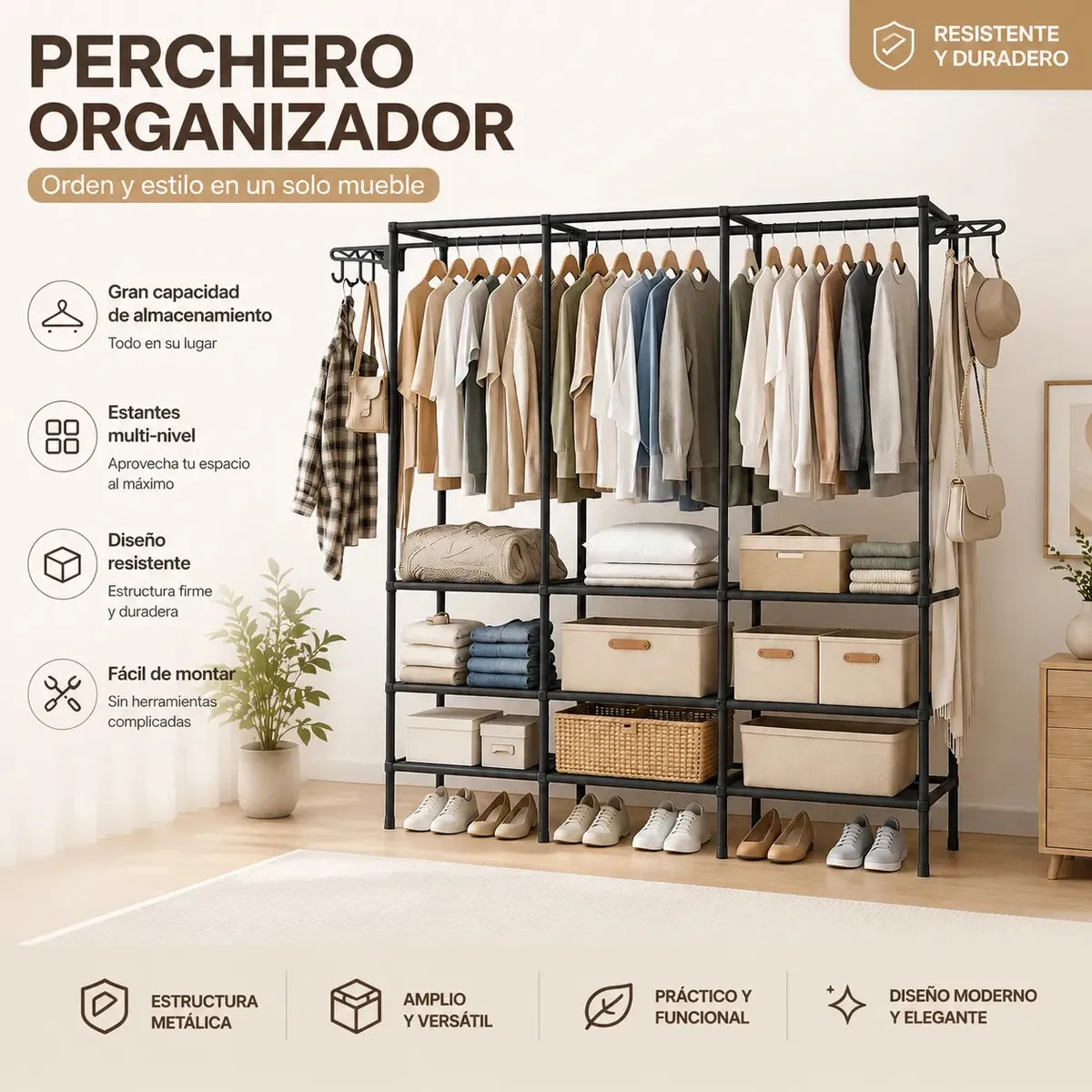 Roperos Closets Armable Guardaropa Armario Perchero 3 Divisiones Negro 160*36*173 cm