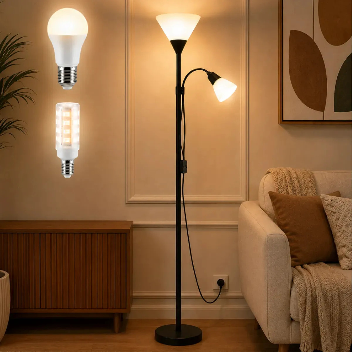 Luminária Chão  177cm Piso + 2 Lâmpadas Led Articulada Dupla Preto