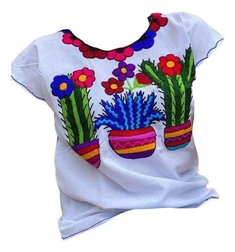 Hermosa Blusa Bordado Artesanal Dama Colores Cactus Flores