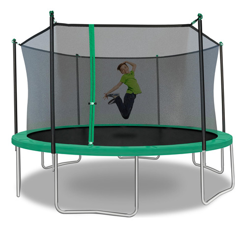Trampolín Redondo De Acero Resistente 14 Pies Verde Color De La Lona De Salto Color Del Cobertor De Resortes