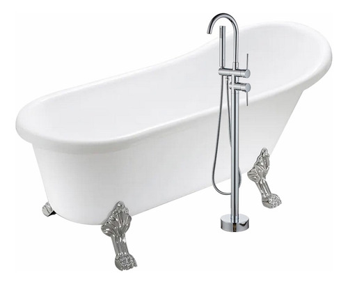 Solana Kit Bañera Estilo Vintage 170x80x75 Cm De Acrilico Solido Blanco Con Grifo Independiente Cuello Cisne Color Plata / Bañera Ovalada Slim Blanca Con Patas De Acero