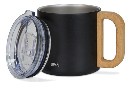 Lumai Caneca Vietnã Térmica Inox Com Tampa E Cabo De Madeira 350ml Cor Preto Liso