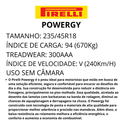 Pneu 235/45r18 94v Powergy Pirelli Aro 18