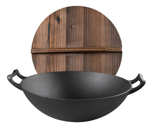 Wok De Hierro Fundido Con Tapa De Madera Camping Fuego