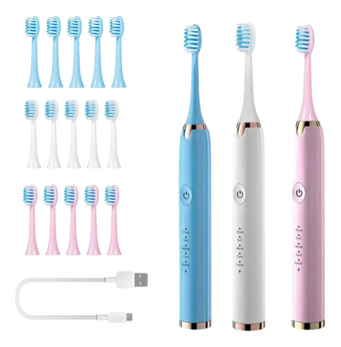 Escova Dental Elétrica Recarregável Ultrassônica + 5 Refis Rosa