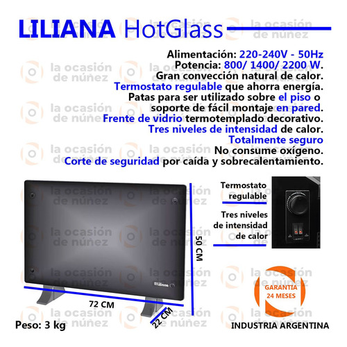 Imagen 2 de 6 de Panel Calefactor De Vidrio Liliana Hotglass 800/1400/2200w
