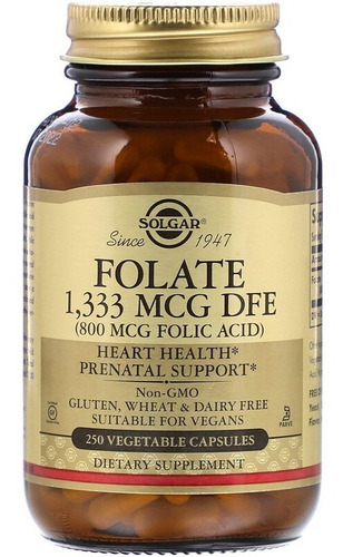 Cido Fólico - Solgar 800 Mcg 250 Cápsulas Vegetais - Pré-natal Eua