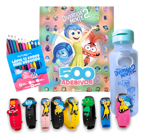 Kit Do Divertida Mente 2 Com Livro De Colorir, 500 Adesivos, Relógio Sortido, Garrafa E Lápis