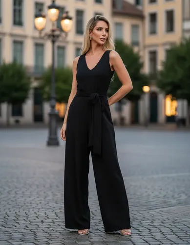 Macacão Feminino Pantalona Longo Acinturado Gola V Elegante
