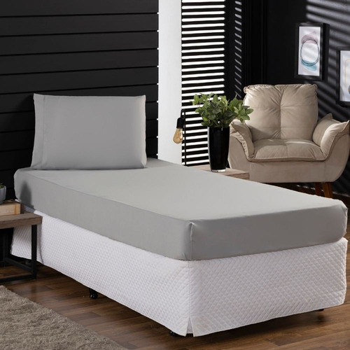 Jogo Roupa Cama Lençol Solteiro 400 Fios 2 Peças Barra Hotel Cor Cinza Desenho Do Tecido Liso