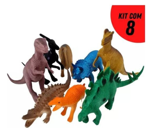 Kit Brinquedo Coleção Dinossauro Borracha 8 Peças Diferentes