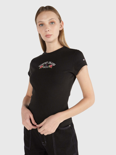 Playera Negra De Mujer Con Flores Bordadas Tommy Jeans