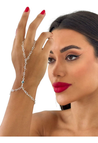 Pulseira Com Anel Hand Chain Folheado A Prata