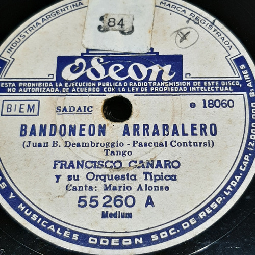 Pasta Francisco Canaro Orq Tip Alonso Arenas Odeon C519