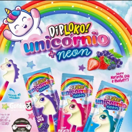 Pirulito Dip Loko Neon Unicornio Caixa Com 30 Unidades