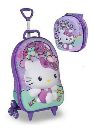 Kit Mochila Infantil Feminina Rodinha Tamanho G Hello Kitty