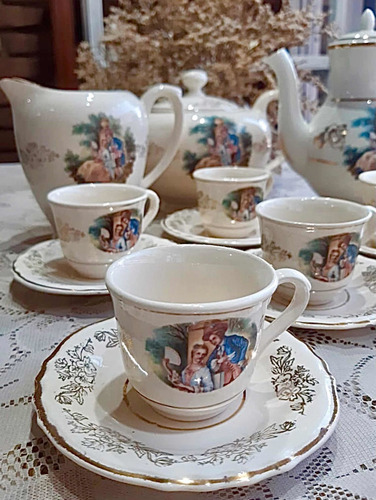 Antigua Loza Escena Galante Juego Tetera Cafetera Tazas