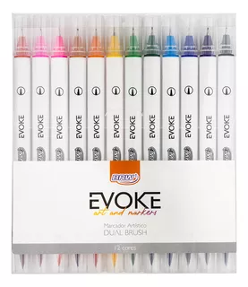 Caneta Marcador Dual Brush Pen Fineliner 12 Cores Brw Evoke