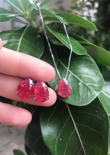 Conjunto Gota Vermelho Folheado A Prata Frete Grátis