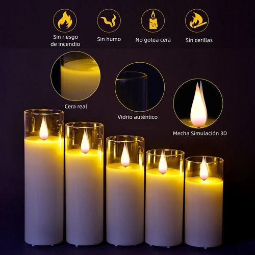 5pz Recargable Velas Led Parpadeantes Sin Llama Con Vidrio