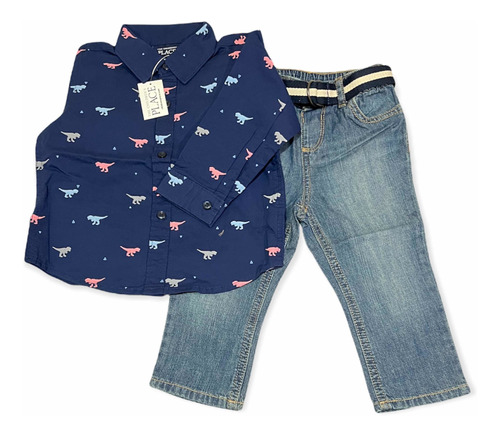 Imagen 1 de 1 de Conjunto 2 Piezas Bebé Estampado Dinosaurio Camisa Pantalon