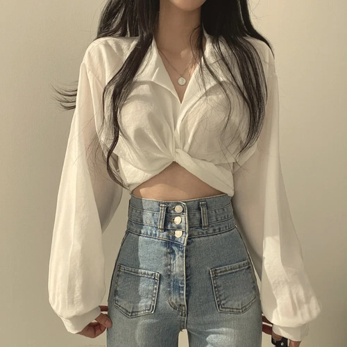 Blusa Vintage De Gasa Ajustada Con Cuello En V