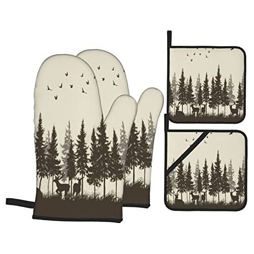 Oven Mitts And Pot Holders Sets Of 4,deer In The Forest...