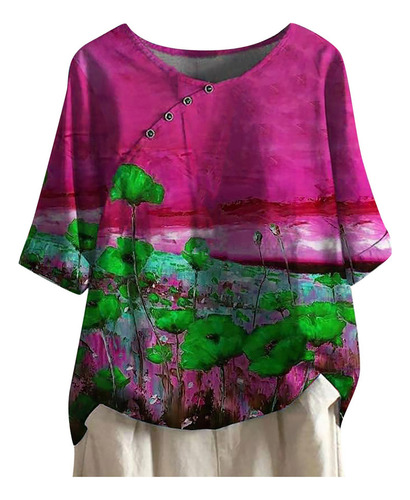 Playera De Verano For Mujer, Talla Grande, Botones, Flor,