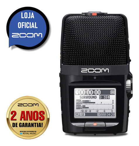 Mini Gravador H2n com Zoom Estéreo Digital H2n H2 N Duo Cor Preto