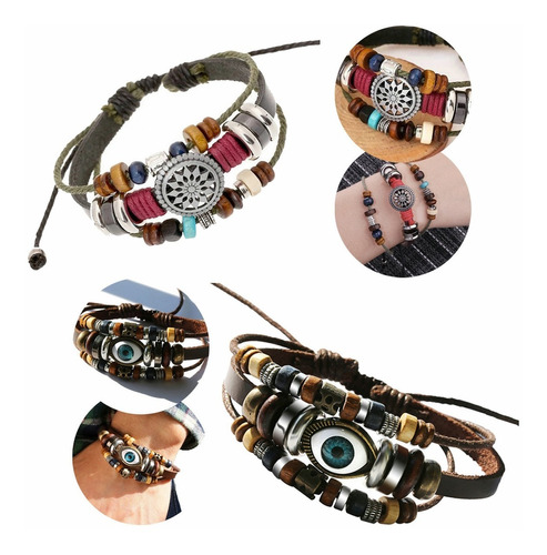 Pulsera Cuero Boho Vintage Multicapa Ajustable Hombre 2pzs