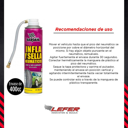 Imagen 3 de 7 de Infla Sella Repara Pinchadura Neumáticos Bardahl Auto 420cc