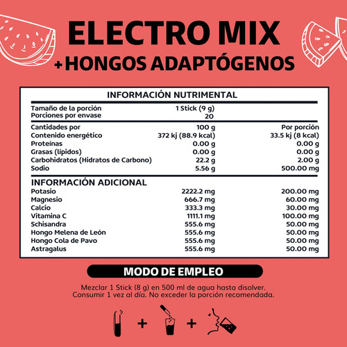 Electrolitos Con Hongos Sin Azúcar En Polvo Beyond Vitamins | Hidratación Baja En Calorías, Apto Dieta Keto | 20 Sticks, Sabor Sandía Efervescente