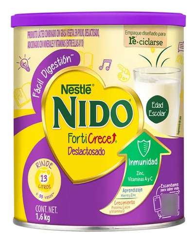 Leche En Polvo Nido Forticrece Deslactosado Lata De 1.6 Kg.