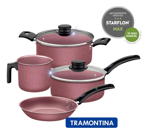 Jogo Panelas Tramontina Rosa Antiaderente Inox Conjunto 4 Pç