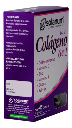 Solanum Colágeno 6 En 1 Vit.c, Zinc, Vit. A 45 Caps Sfn