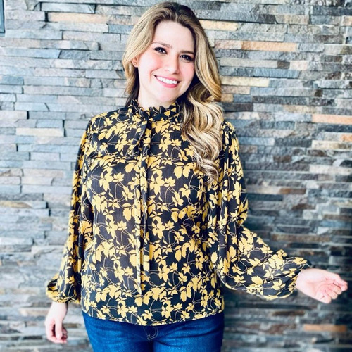 Blusa De Chiffon Talla Extra, Modelo 4200 (negro-amarillo)