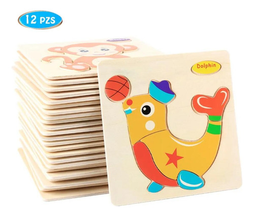 12 Piezas De Rompecabezas De Madera Con Forma De Animal, Blo