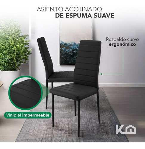 Juego Comedor 6 Sillas Con Mesa De Vidrio Templado Rectangular Estructura Metálica Para 6 Personas Moderno Color Negro Kingshouse